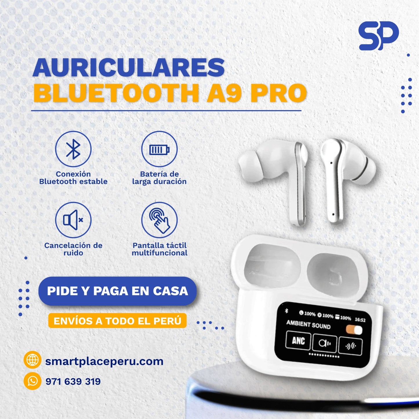 Auriculares Bluetooth A9 Pro con Pantalla Táctil