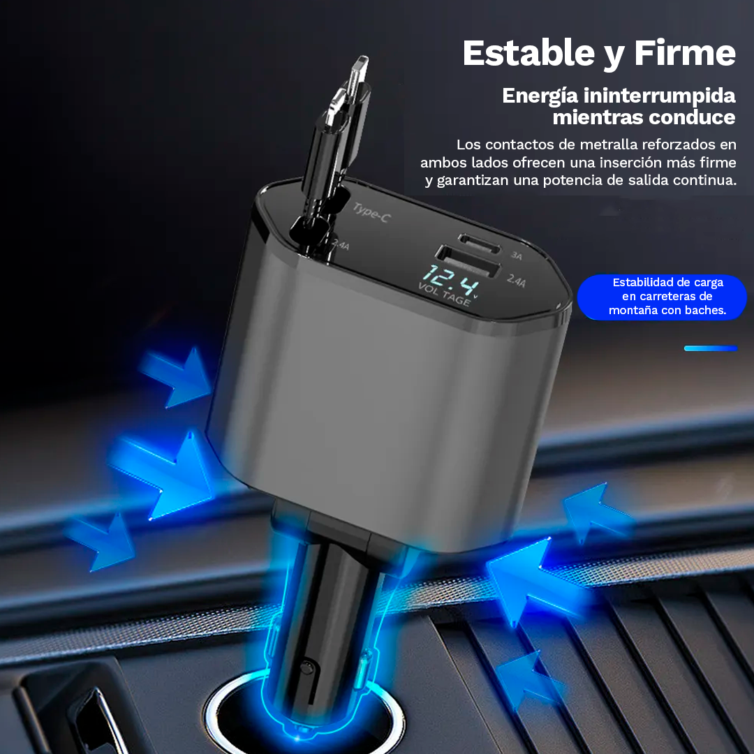Cargador de Carga Rápida con Cable Retráctil 4 en 1 para Autos