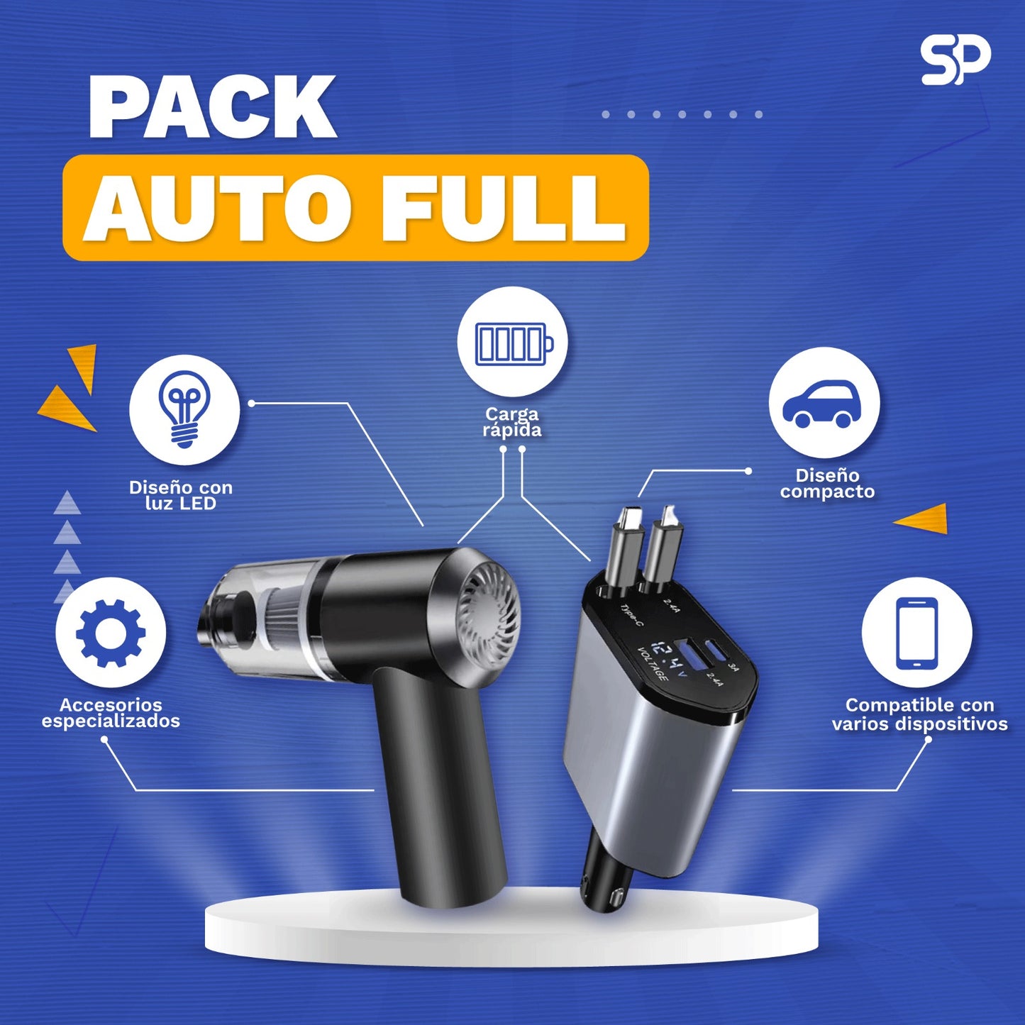 Pack Auto Full : Cargador retráctil 4 en 1 + Mini Aspiradora 3 en 1
