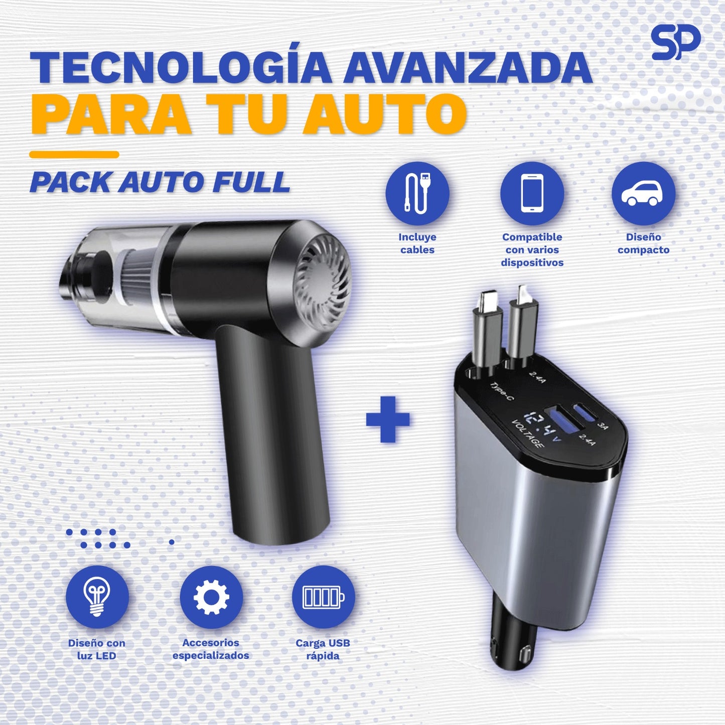Pack Auto Full : Cargador retráctil 4 en 1 + Mini Aspiradora 3 en 1