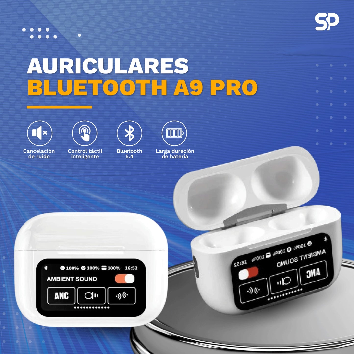 Auriculares Bluetooth A9 Pro con Pantalla Táctil