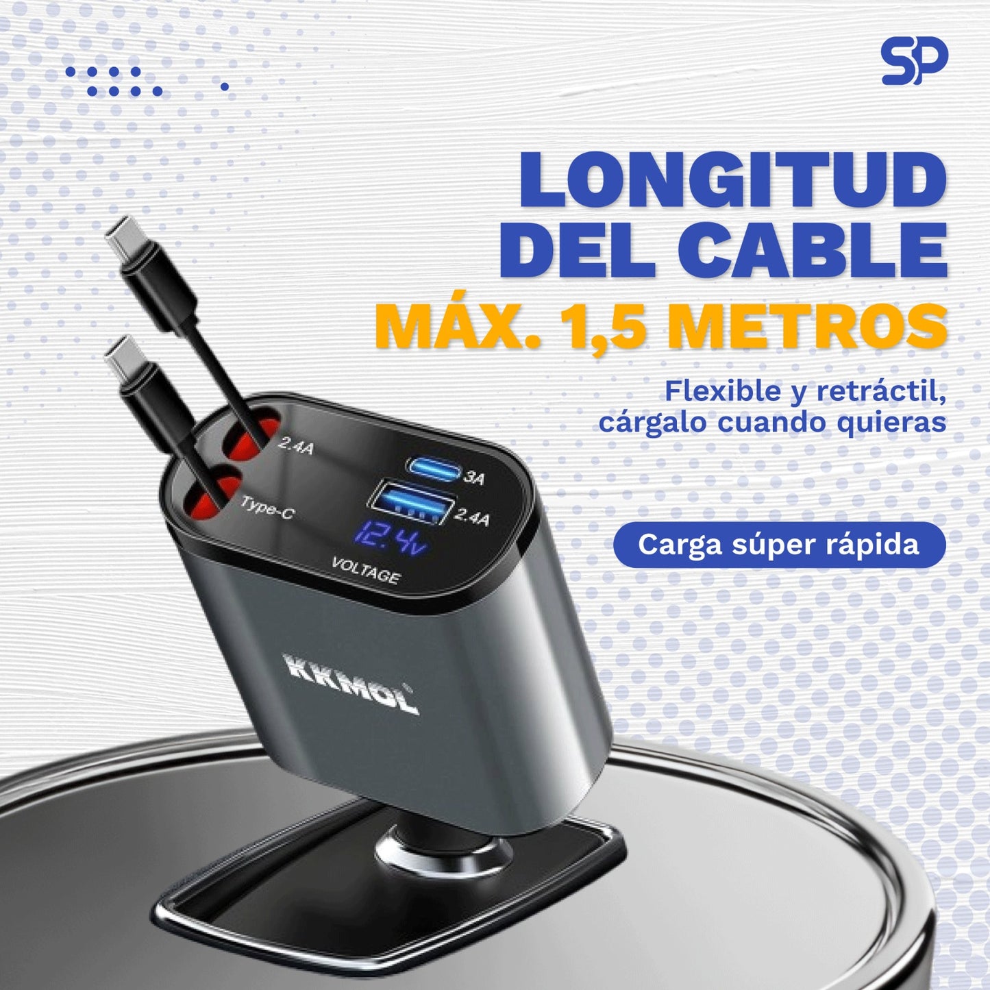 Cargador de Carga Rápida con Cable Retráctil 4 en 1 para Autos
