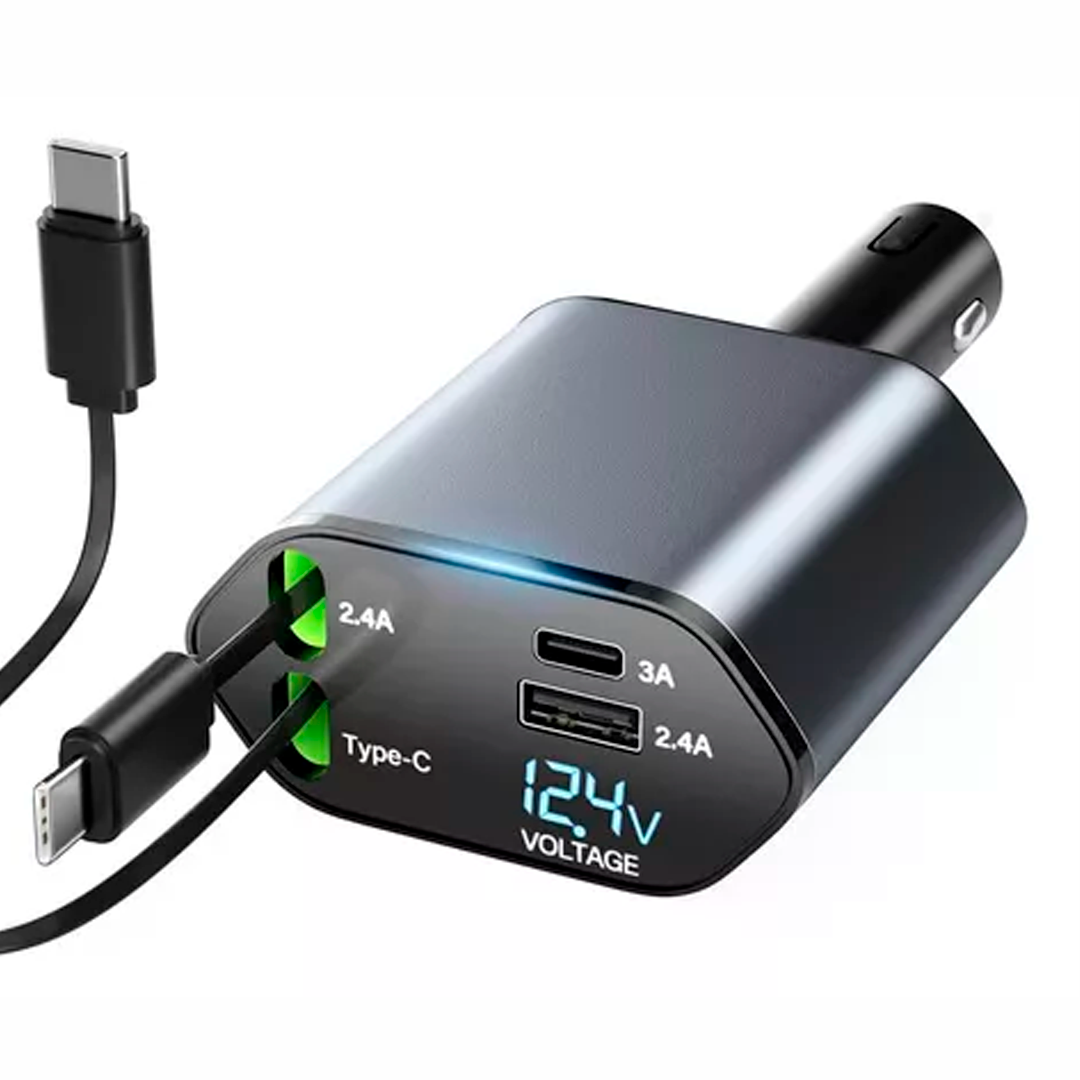 Cargador de Carga Rápida con Cable Retráctil 4 en 1 para Autos