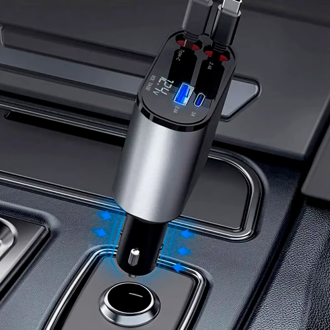 Cargador de Carga Rápida con Cable Retráctil 4 en 1 para Autos