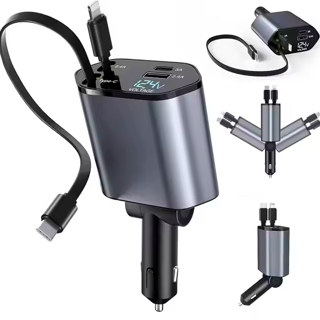 Cargador de Carga Rápida con Cable Retráctil 4 en 1 para Autos
