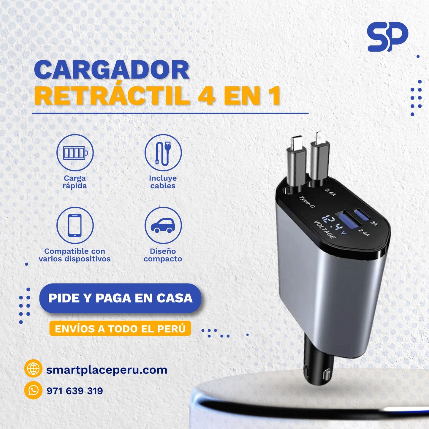 Cargador de Carga Rápida con Cable Retráctil 4 en 1 para Autos