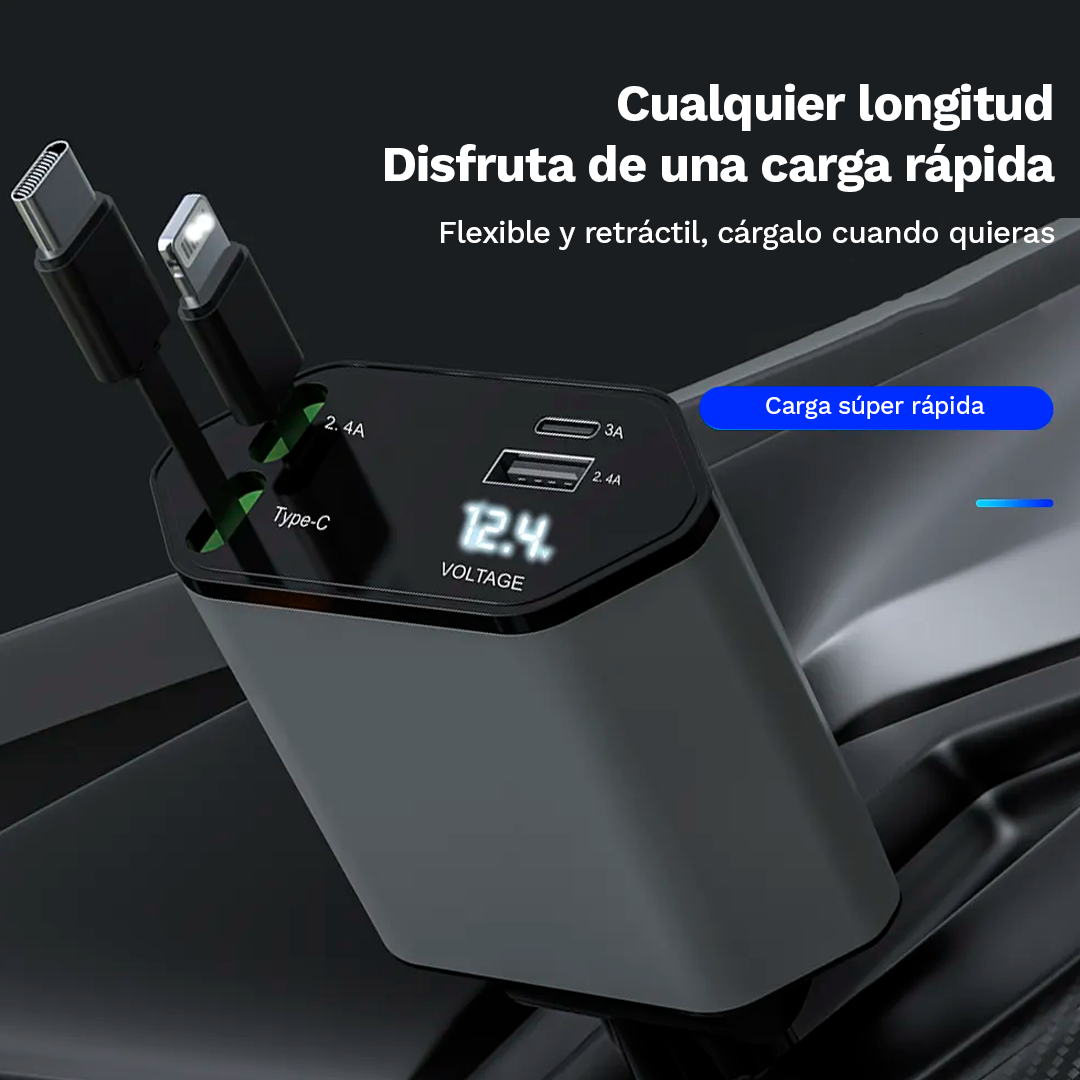 Cargador de Carga Rápida con Cable Retráctil 4 en 1 para Autos