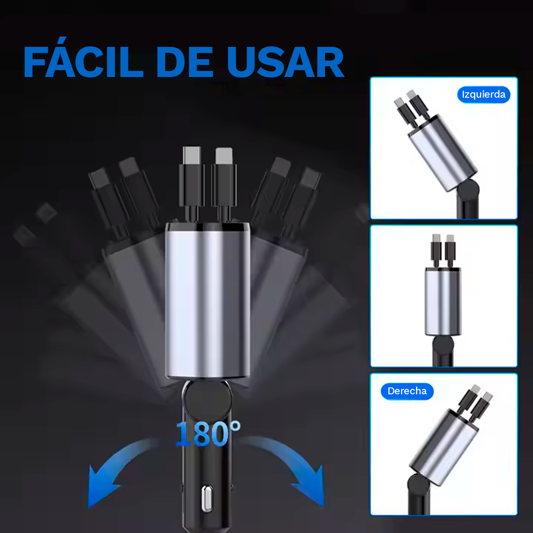 Cargador de Carga Rápida con Cable Retráctil 4 en 1 para Autos