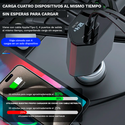 Cargador de Carga Rápida con Cable Retráctil 4 en 1 para Autos
