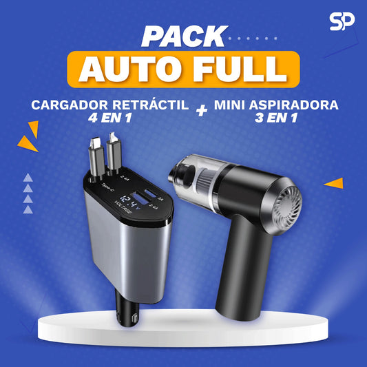 Pack Auto Full : Cargador retráctil 4 en 1 + Mini Aspiradora 3 en 1