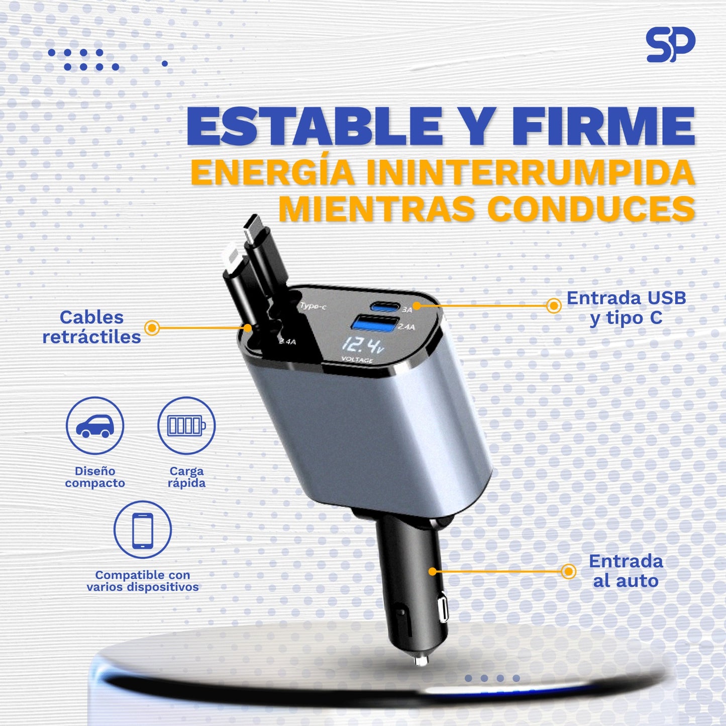 Cargador de Carga Rápida con Cable Retráctil 4 en 1 para Autos