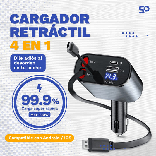 Cargador de Carga Rápida con Cable Retráctil 4 en 1 para Autos