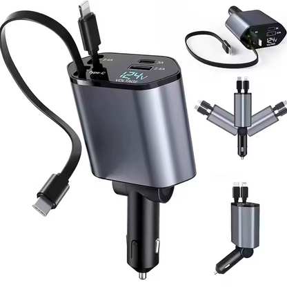 Cargador de Carga Rápida con Cable Retráctil 4 en 1 para Autos