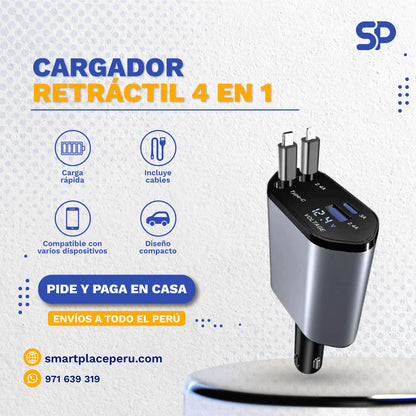 Cargador de Carga Rápida con Cable Retráctil 4 en 1 para Autos