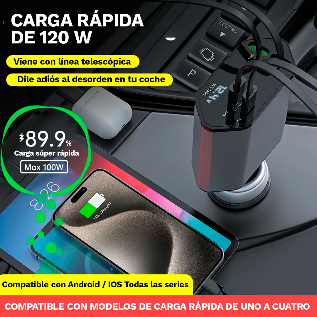 Cargador de Carga Rápida con Cable Retráctil 4 en 1 para Autos